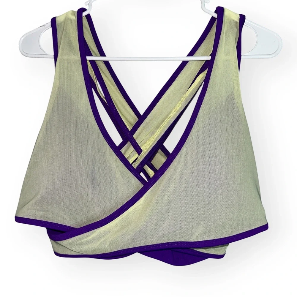 Fabletics Faye Medium Impact Sports Bra Purple Yellow Mesh Wrap L Activewear